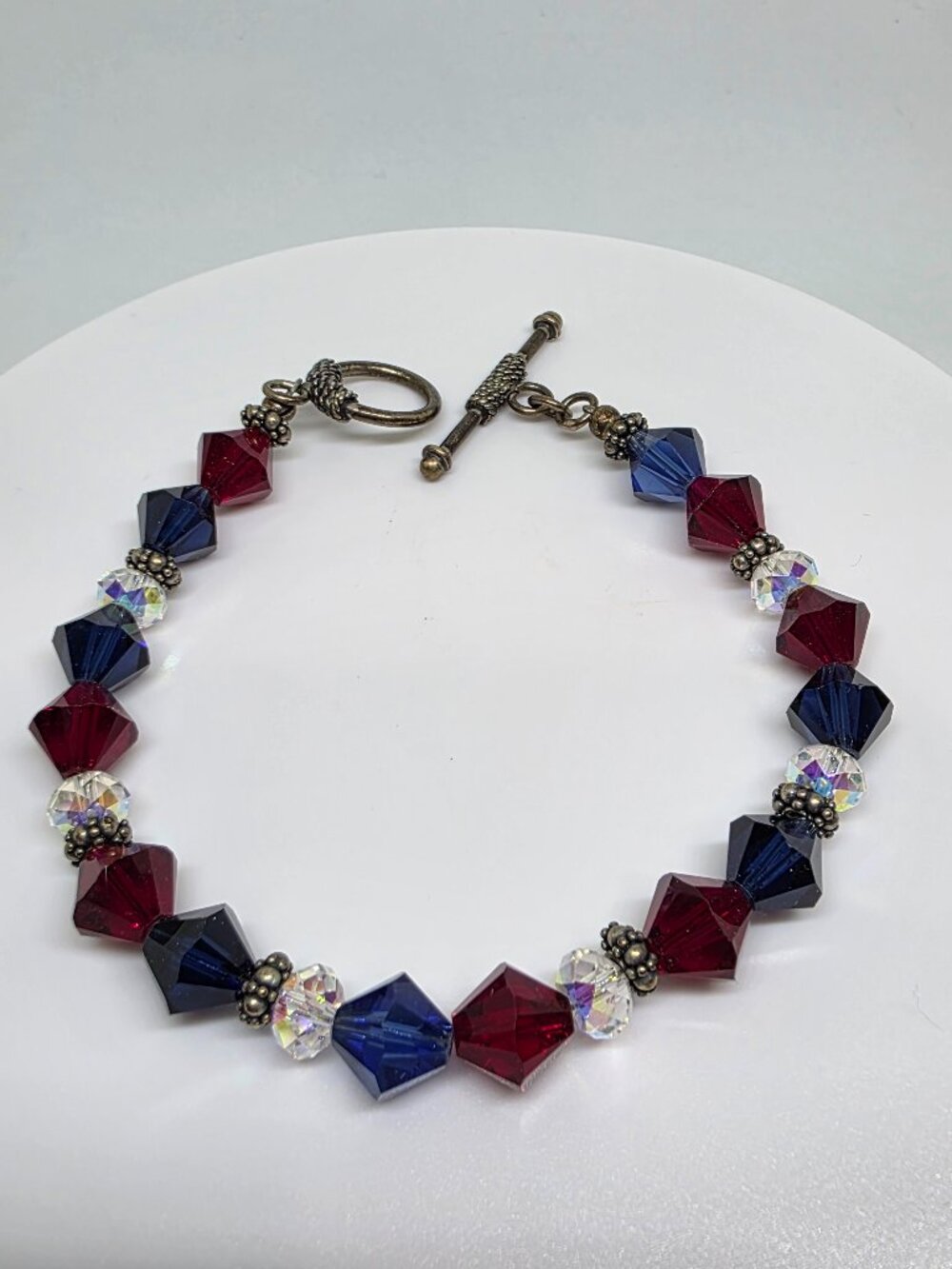 Patriotic Red White Blue Crystal Bead Bracelet Sterling Silver Toggle Clasp